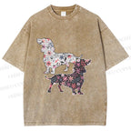 Unisex Two Floral Dachshund Dogs Printed Washed Tee