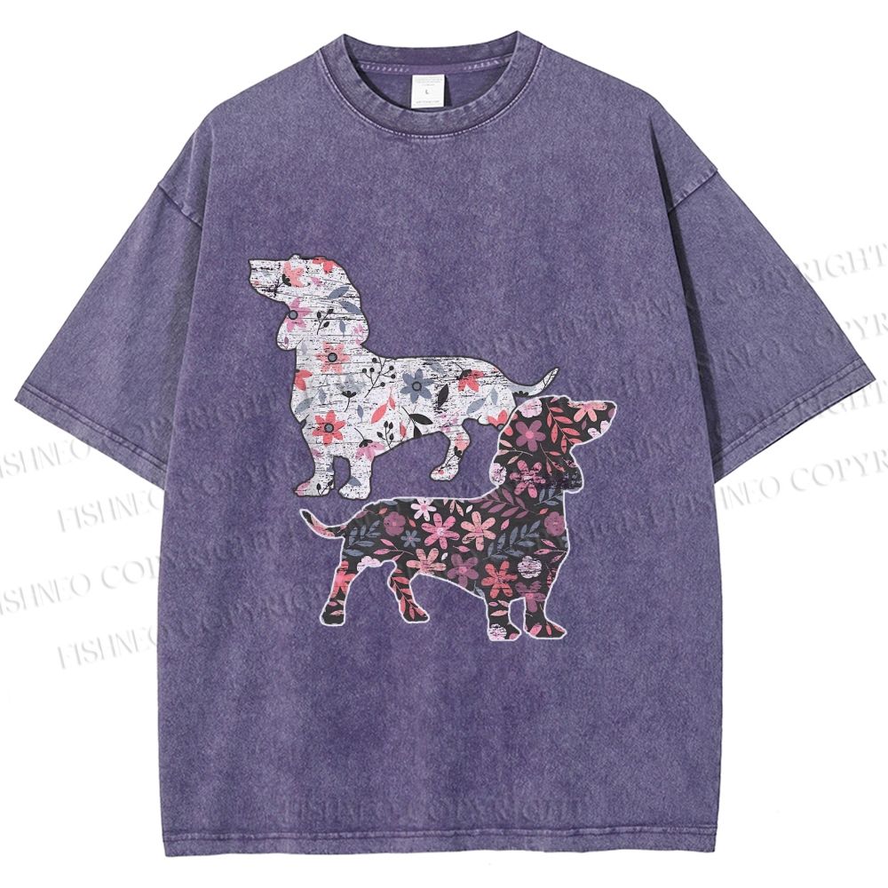 Unisex Two Floral Dachshund Dogs Printed Washed Tee