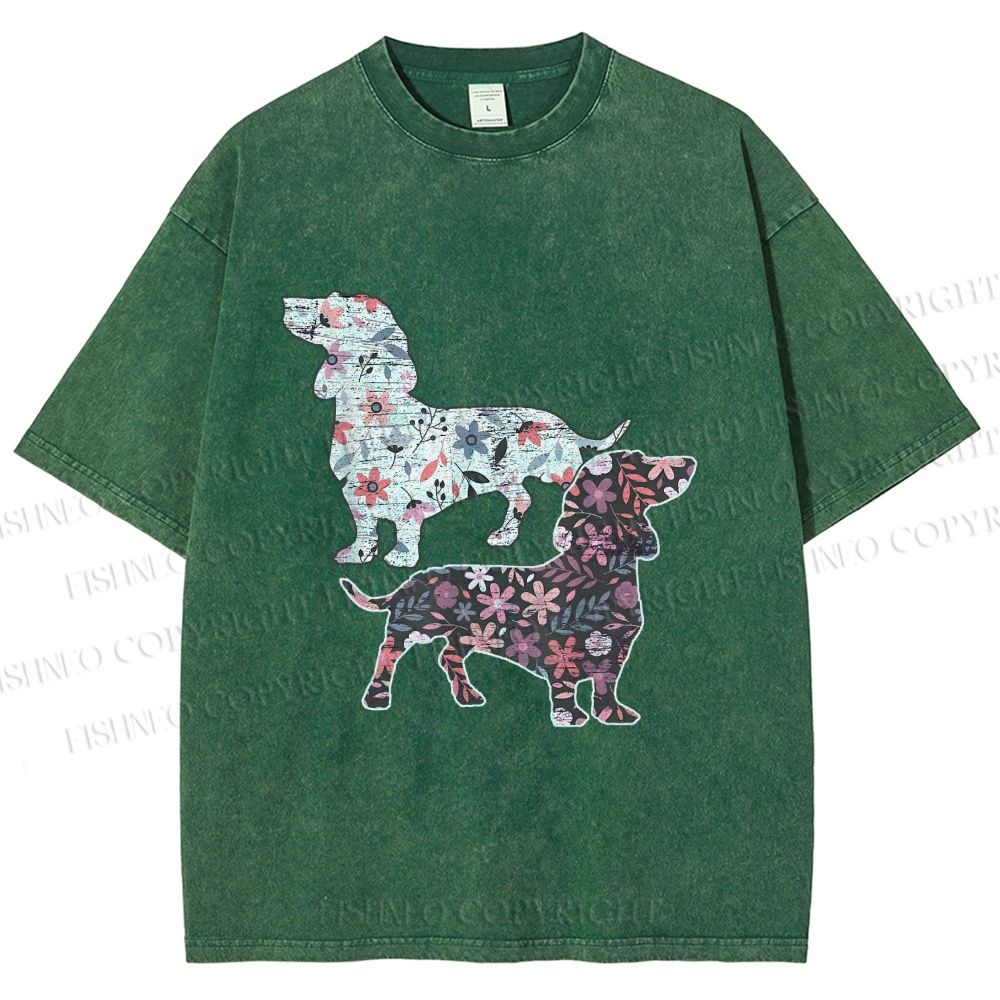 Unisex Two Floral Dachshund Dogs Printed Washed Tee