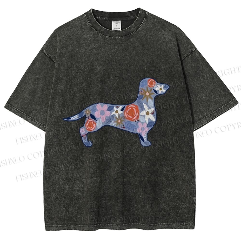 Unisex Blue Floral Dachshund Dog Printed Washed Tee