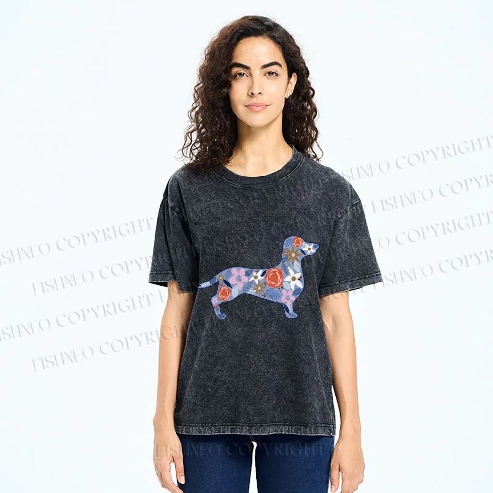 Unisex Blue Floral Dachshund Dog Printed Washed Tee