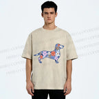 Unisex Blue Floral Dachshund Dog Printed Washed Tee