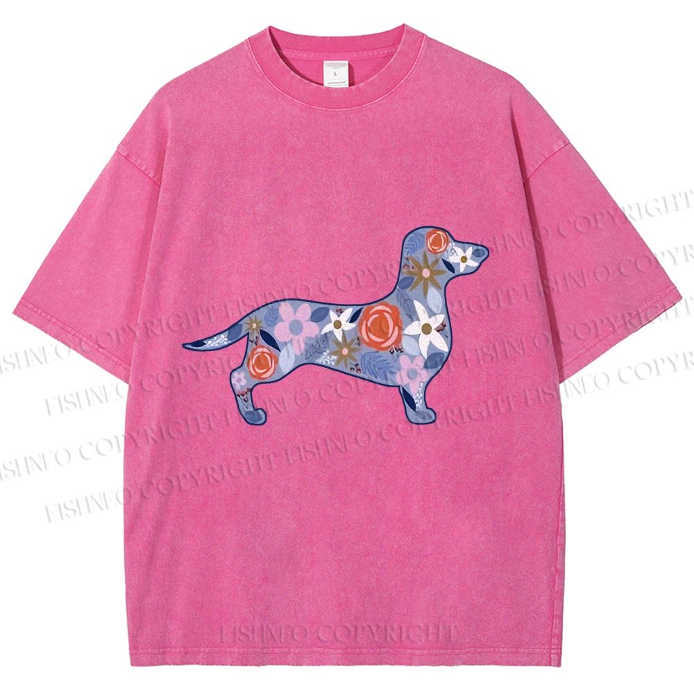 Unisex Blue Floral Dachshund Dog Printed Washed Tee
