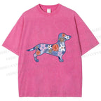 Unisex Blue Floral Dachshund Dog Printed Washed Tee
