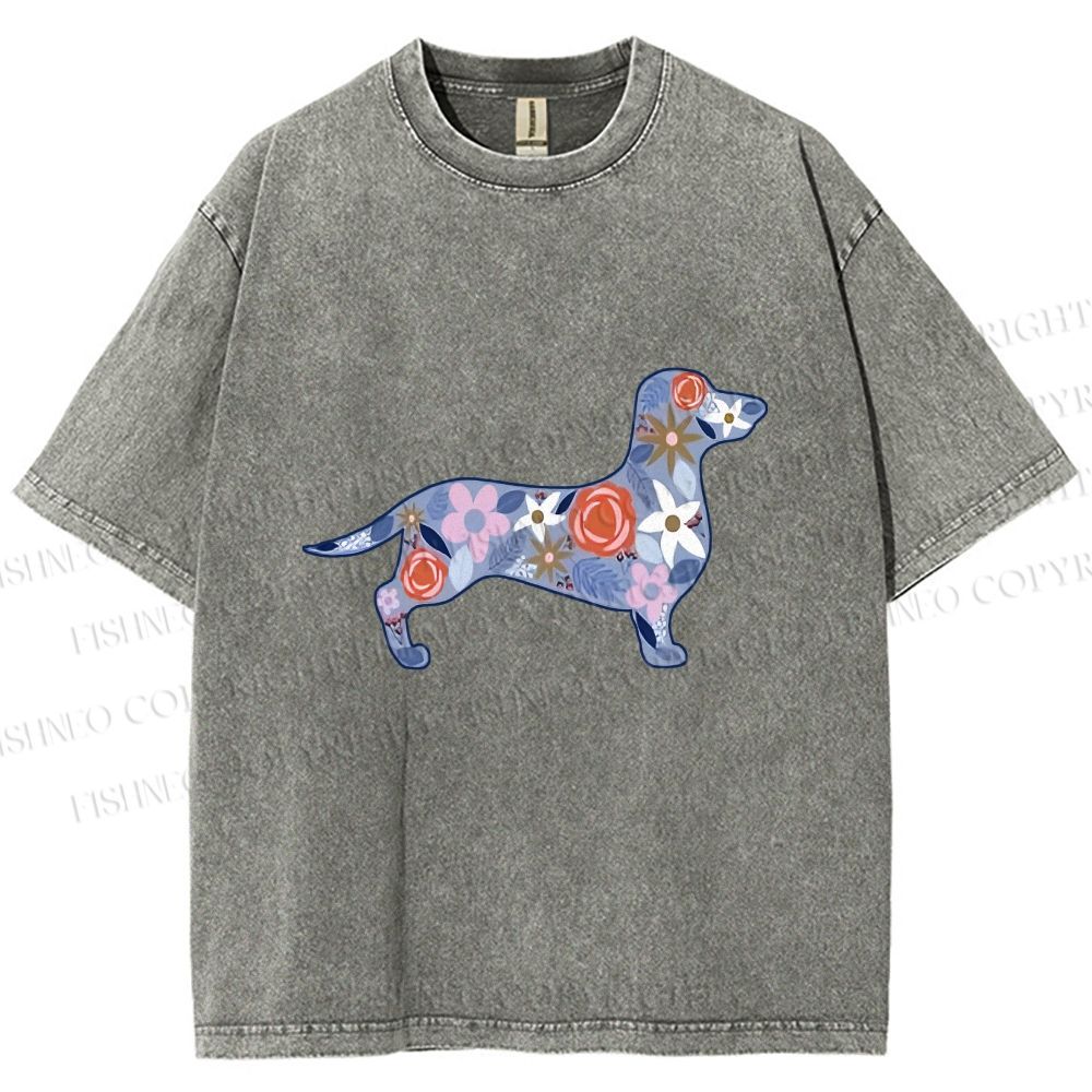 Unisex Blue Floral Dachshund Dog Printed Washed Tee