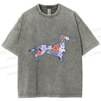 Unisex Blue Floral Dachshund Dog Printed Washed Tee