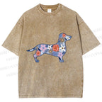 Unisex Blue Floral Dachshund Dog Printed Washed Tee