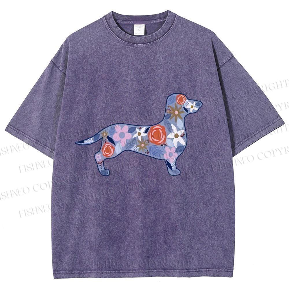 Unisex Blue Floral Dachshund Dog Printed Washed Tee