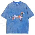 Unisex Blue Floral Dachshund Dog Printed Washed Tee