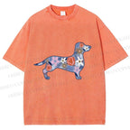 Unisex Blue Floral Dachshund Dog Printed Washed Tee