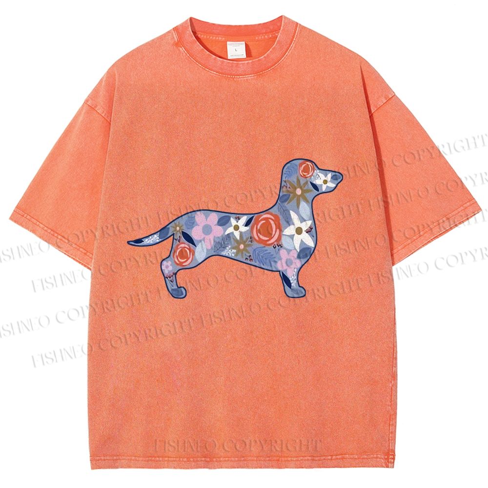 Unisex Blue Floral Dachshund Dog Printed Washed Tee