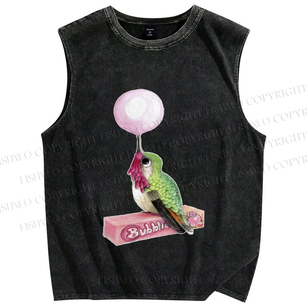 Unisex Funny Bird Make a Bubble Printed Washed Tank Top