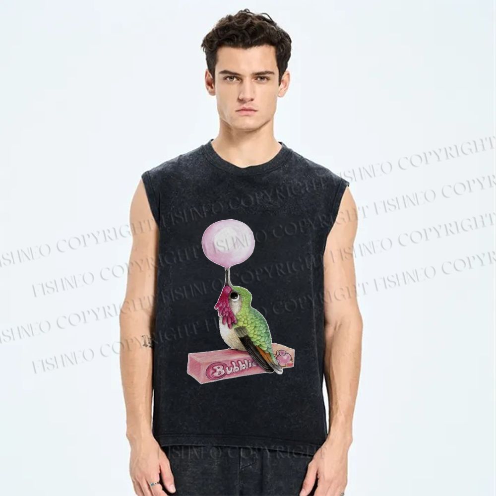 Unisex Funny Bird Make a Bubble Printed Washed Tank Top