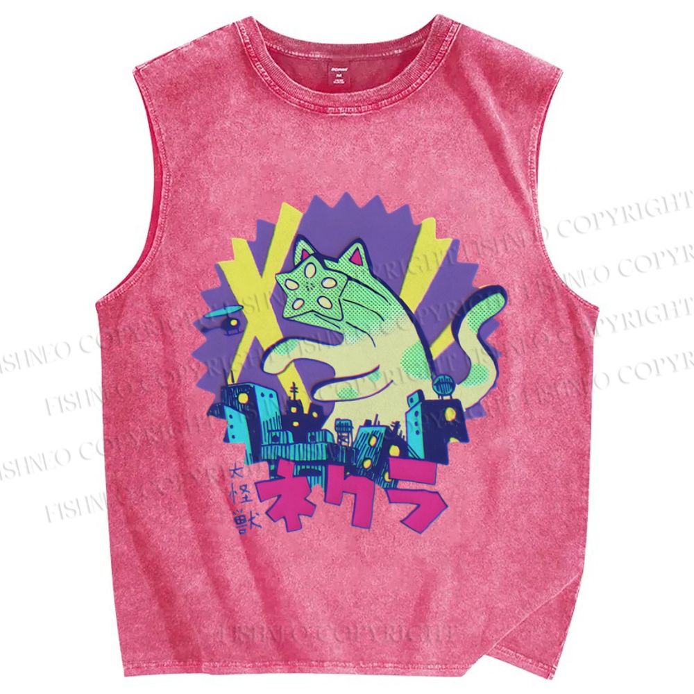 Unisex Funny Catzilla Printed Washed Tank Top