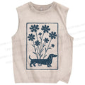 Unisex Dachshund With Flowers Printed Washed Tank Top