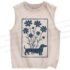 Unisex Dachshund With Flowers Printed Washed Tank Top