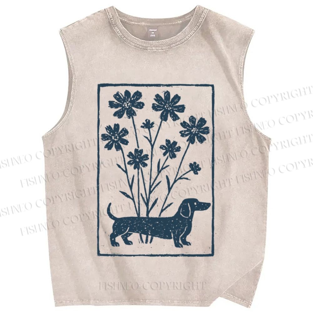 Unisex Dachshund With Flowers Printed Washed Tank Top