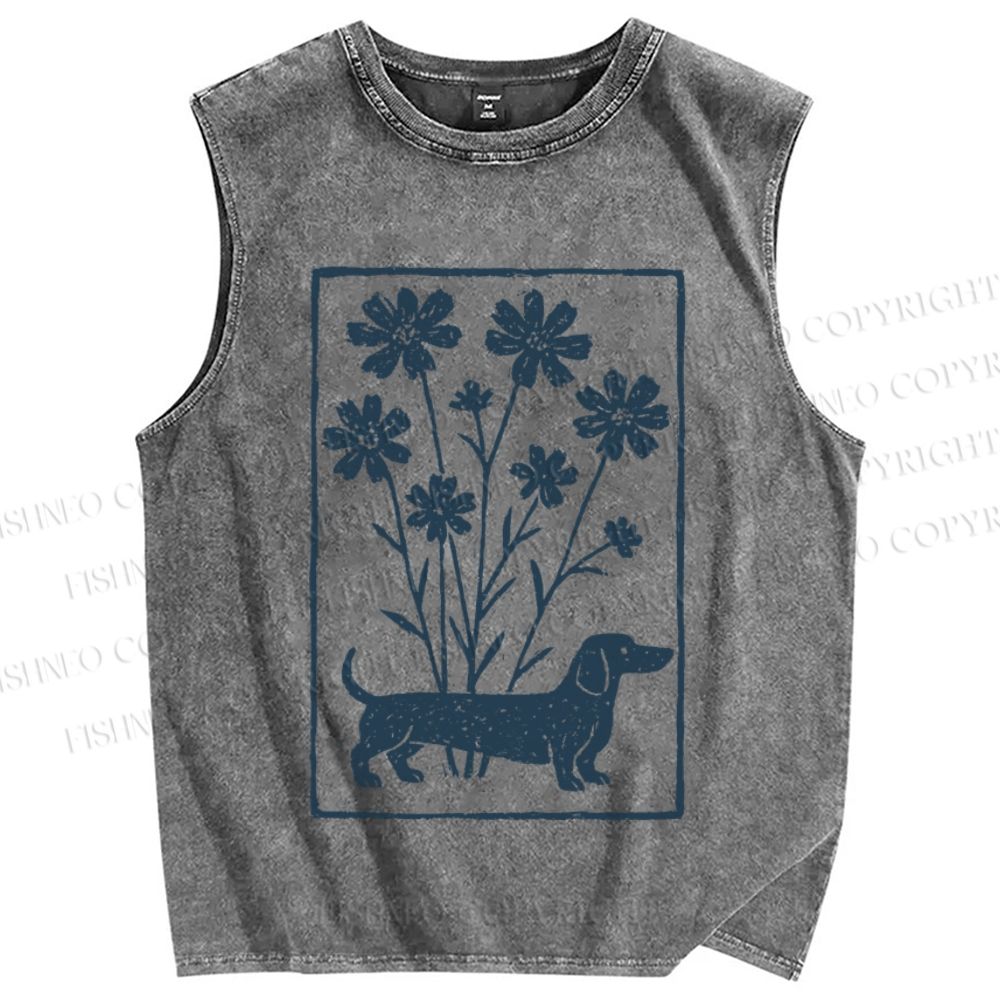 Unisex Dachshund With Flowers Printed Washed Tank Top