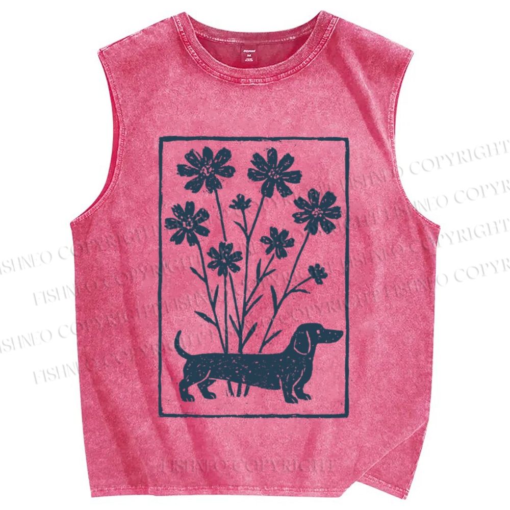 Unisex Dachshund With Flowers Printed Washed Tank Top