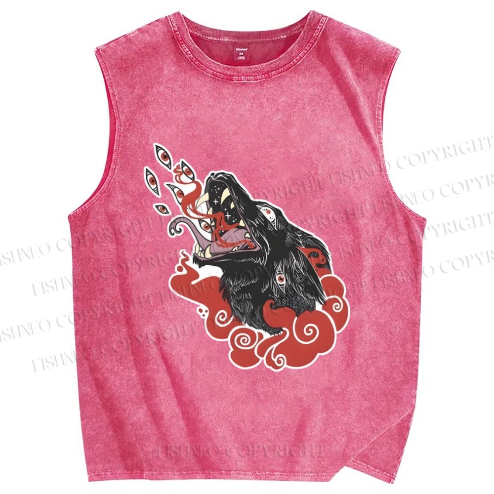 Unisex Wolf in Red Clouds Printed Washed Tank Top