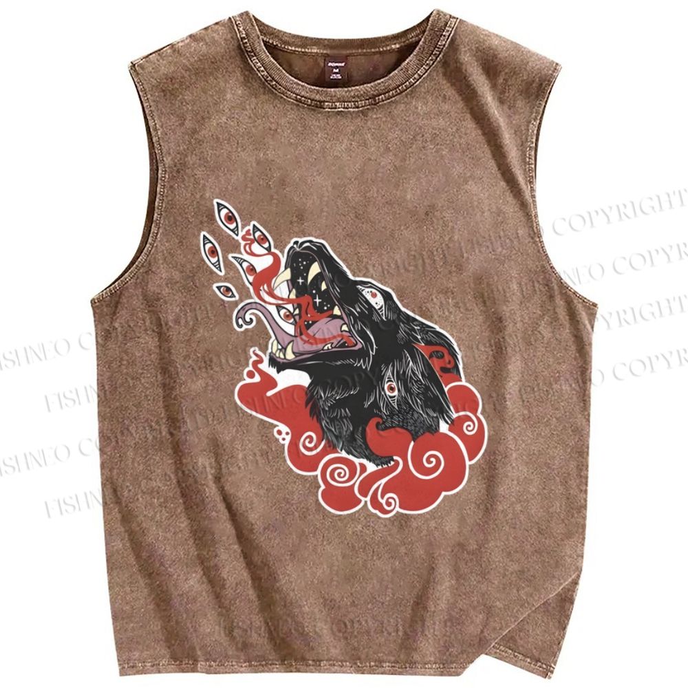 Unisex Wolf in Red Clouds Printed Washed Tank Top