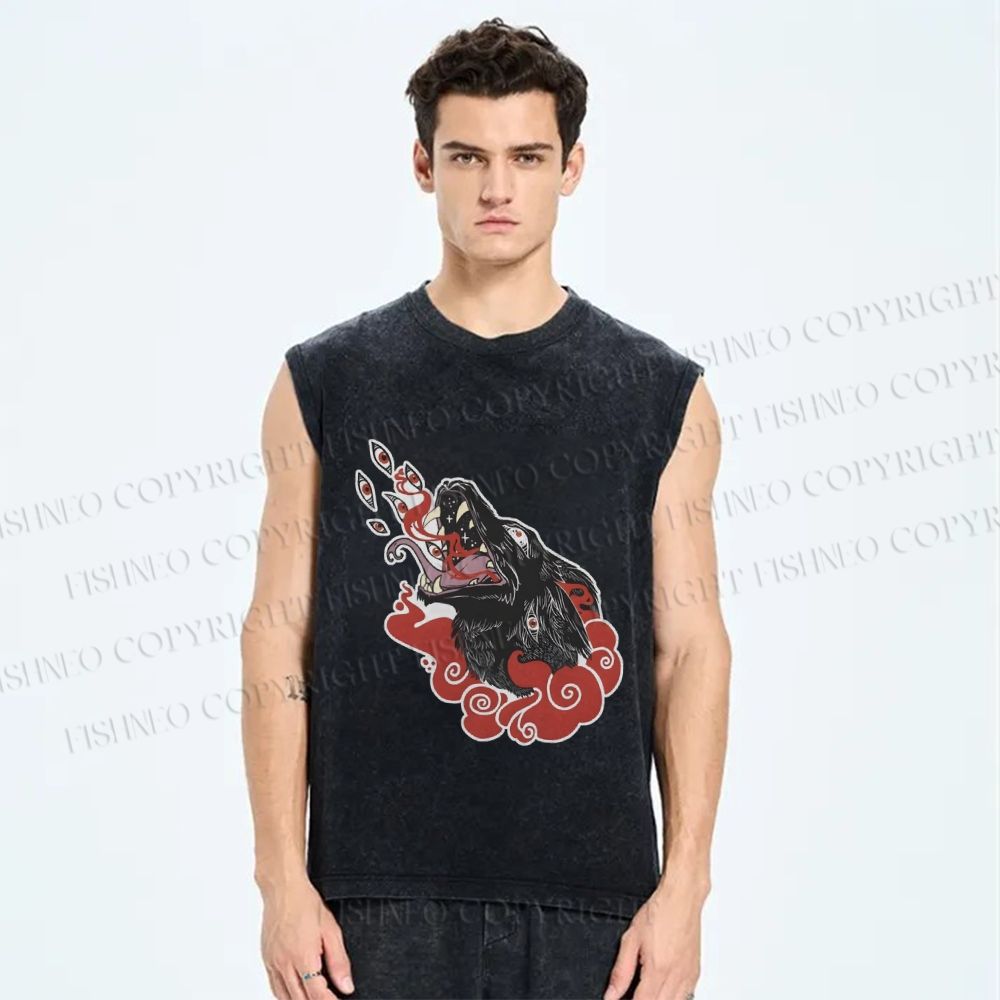 Unisex Wolf in Red Clouds Printed Washed Tank Top
