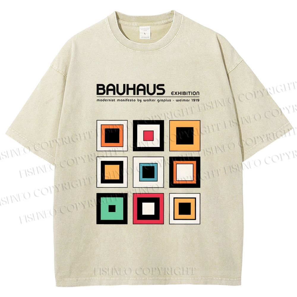 Unisex Bauhaus Colored Geometric Squares Printed Washed Tee