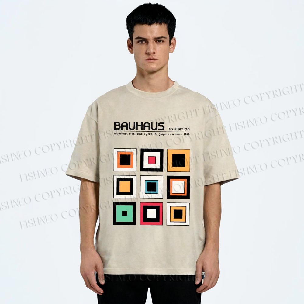Unisex Bauhaus Colored Geometric Squares Printed Washed Tee