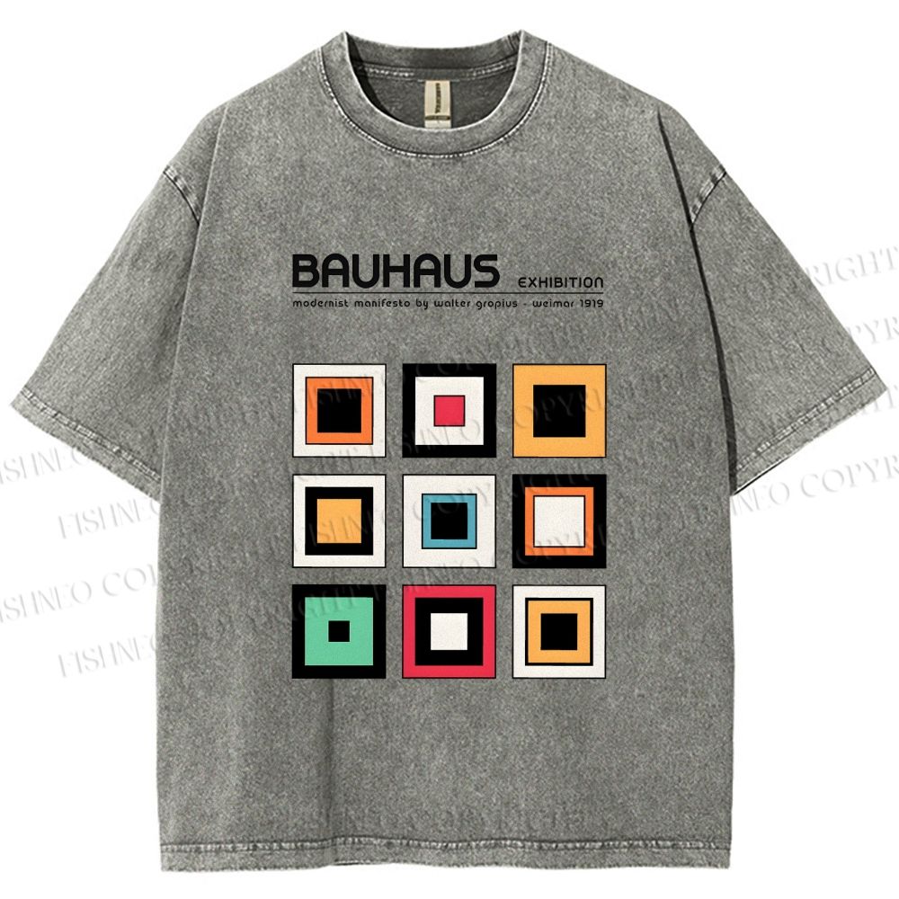 Unisex Bauhaus Colored Geometric Squares Printed Washed Tee
