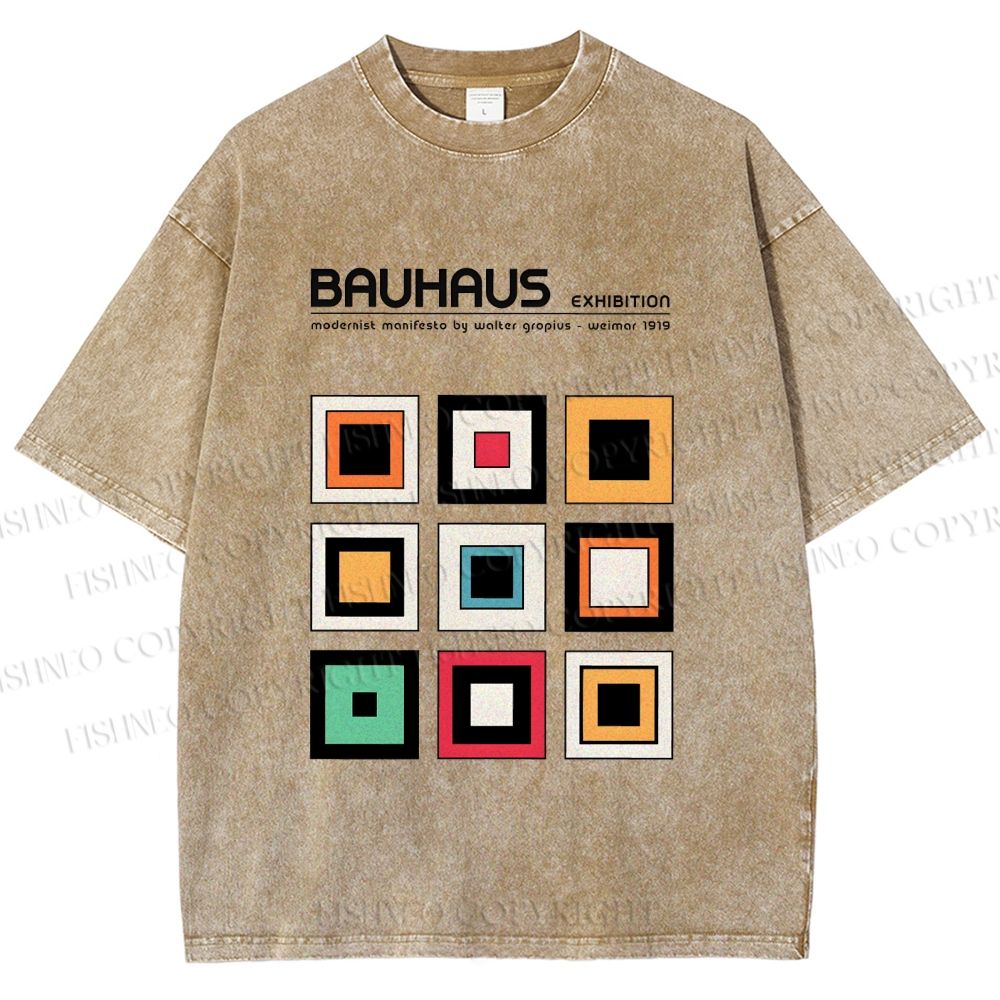 Unisex Bauhaus Colored Geometric Squares Printed Washed Tee