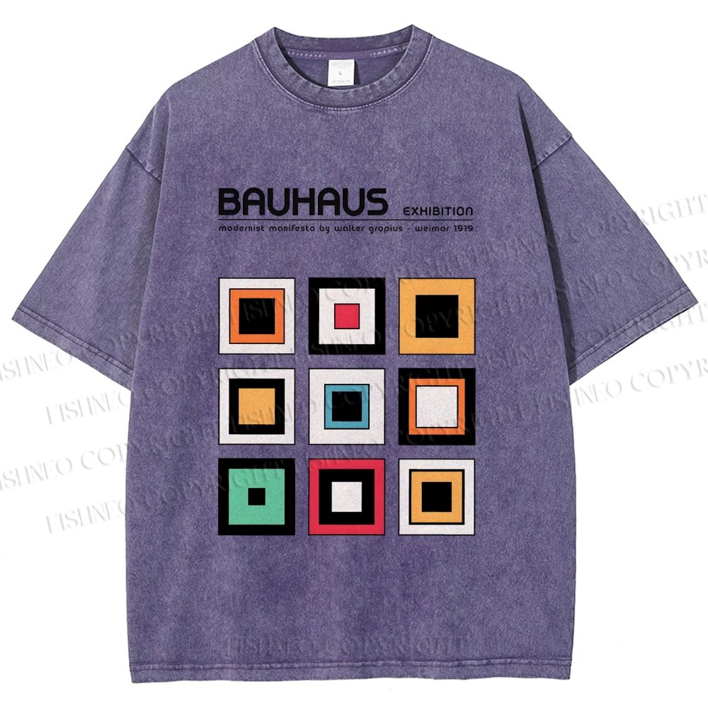 Unisex Bauhaus Colored Geometric Squares Printed Washed Tee