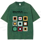Unisex Bauhaus Colored Geometric Squares Printed Washed Tee