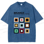 Unisex Bauhaus Colored Geometric Squares Printed Washed Tee