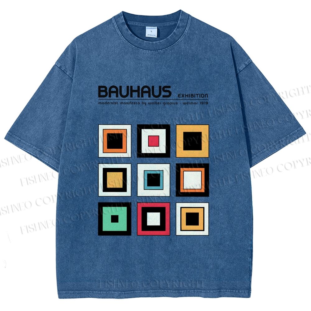 Unisex Bauhaus Colored Geometric Squares Printed Washed Tee