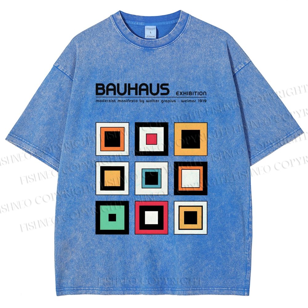 Unisex Bauhaus Colored Geometric Squares Printed Washed Tee