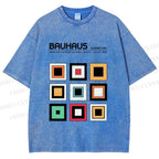 Unisex Bauhaus Colored Geometric Squares Printed Washed Tee