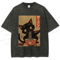 Unisex Japanese Cat Eating Ramen Printed Washed Tee