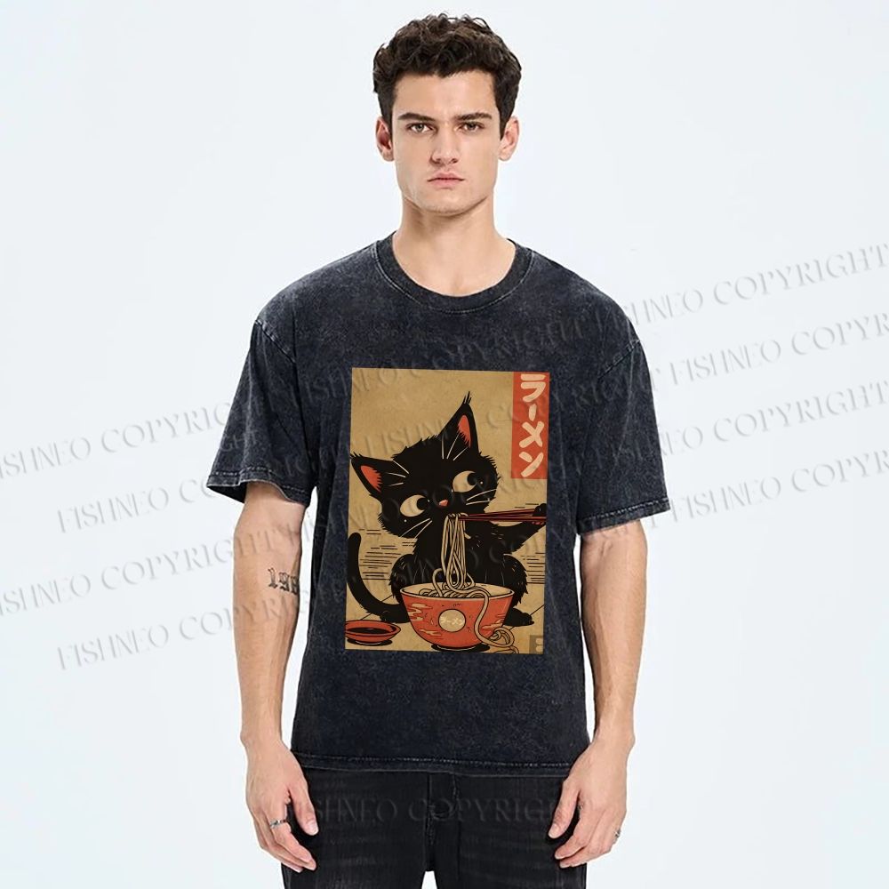 Unisex Japanese Cat Eating Ramen Printed Washed Tee