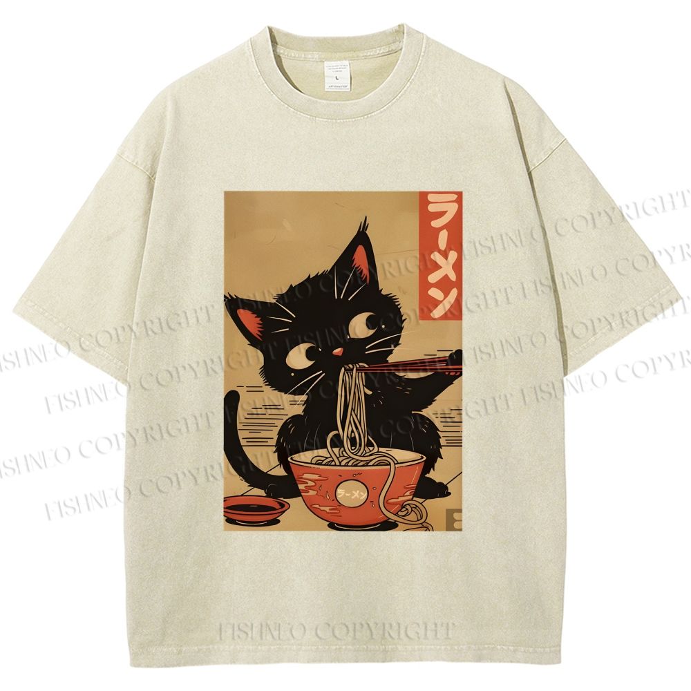 Unisex Japanese Cat Eating Ramen Printed Washed Tee