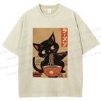 Unisex Japanese Cat Eating Ramen Printed Washed Tee