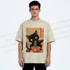 Unisex Japanese Cat Eating Ramen Printed Washed Tee