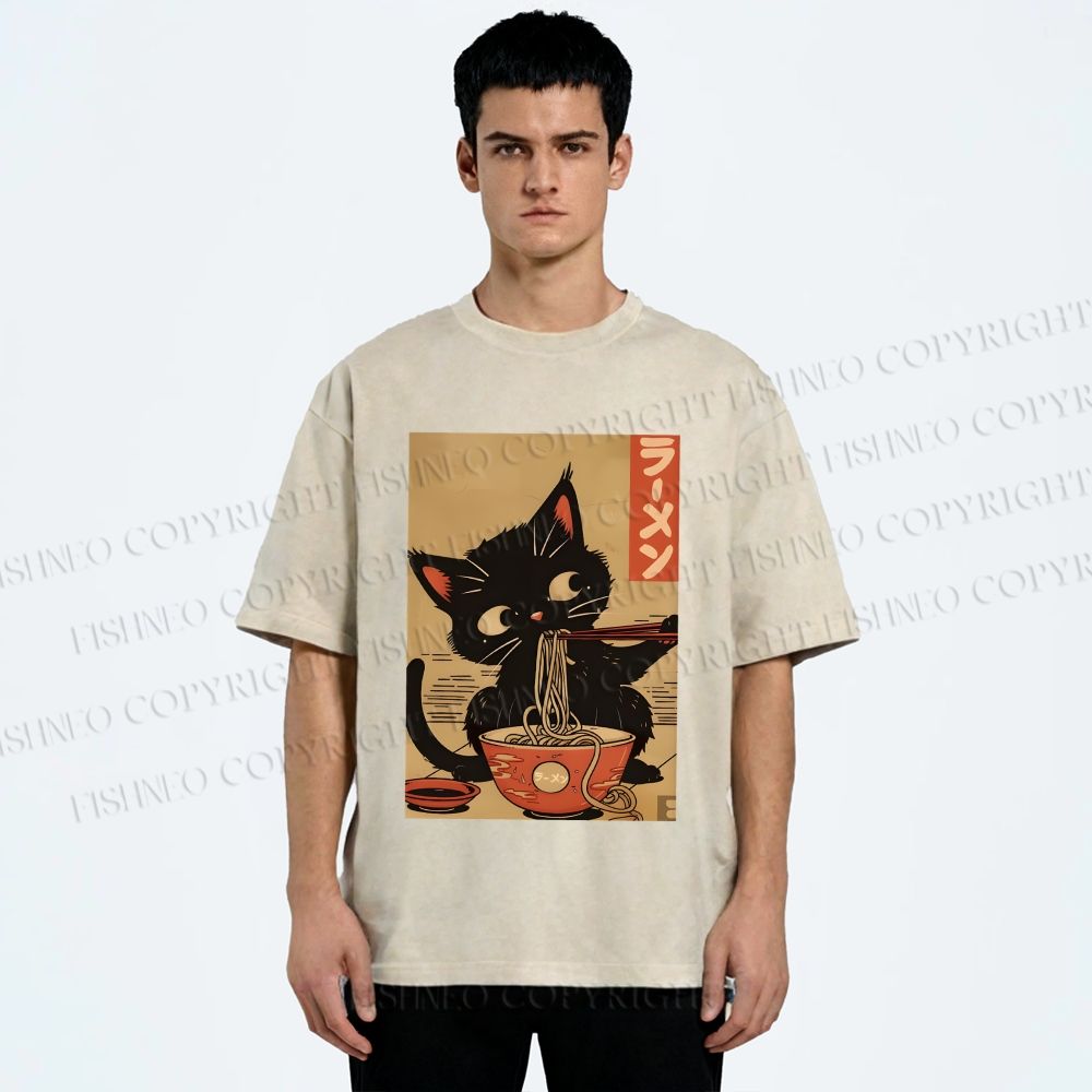 Unisex Japanese Cat Eating Ramen Printed Washed Tee