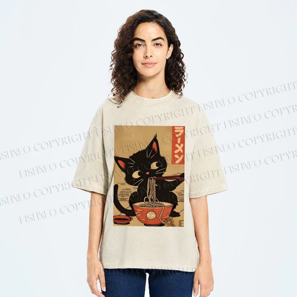 Unisex Japanese Cat Eating Ramen Printed Washed Tee
