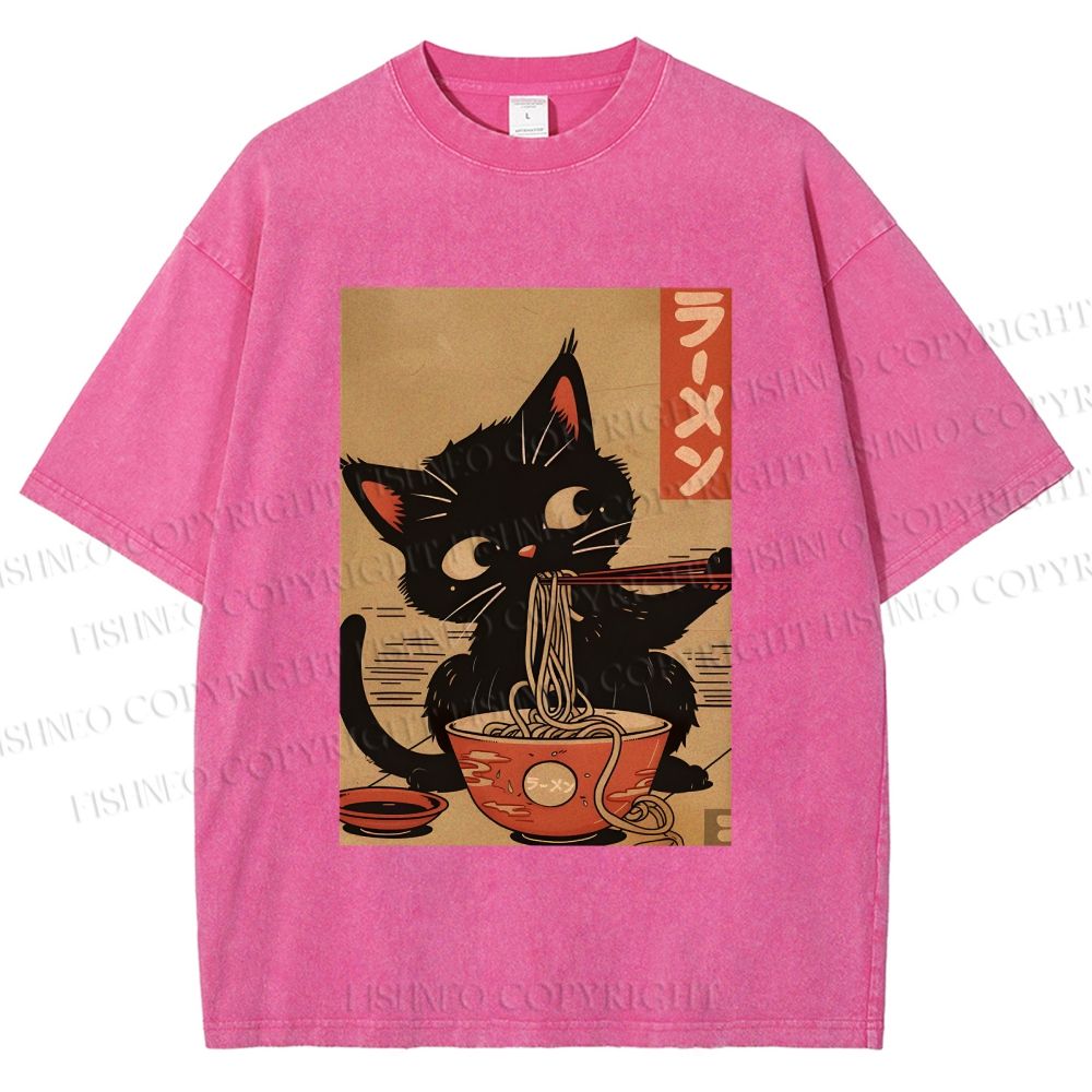 Unisex Japanese Cat Eating Ramen Printed Washed Tee