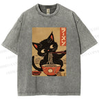 Unisex Japanese Cat Eating Ramen Printed Washed Tee