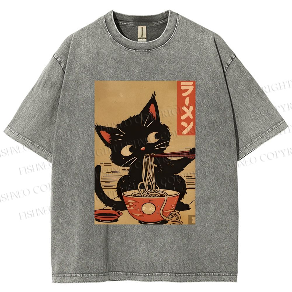 Unisex Japanese Cat Eating Ramen Printed Washed Tee