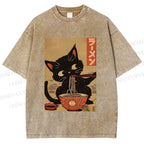 Unisex Japanese Cat Eating Ramen Printed Washed Tee