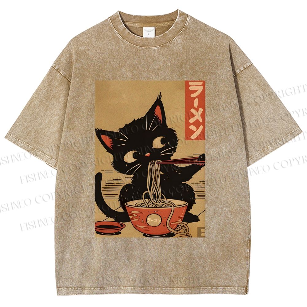 Unisex Japanese Cat Eating Ramen Printed Washed Tee