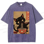 Unisex Japanese Cat Eating Ramen Printed Washed Tee