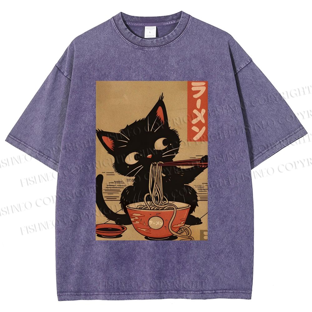 Unisex Japanese Cat Eating Ramen Printed Washed Tee